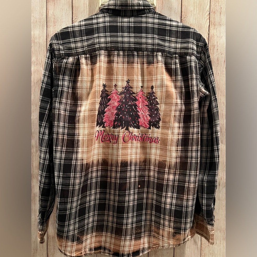Merry Christmas Pink and Black Christmas Trees Bleached Plaid Flannel Shirt